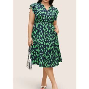 BLOOMCHIC 22-24 3X Plus Green Leopard Print Ruffles Midi Dress NWT B159